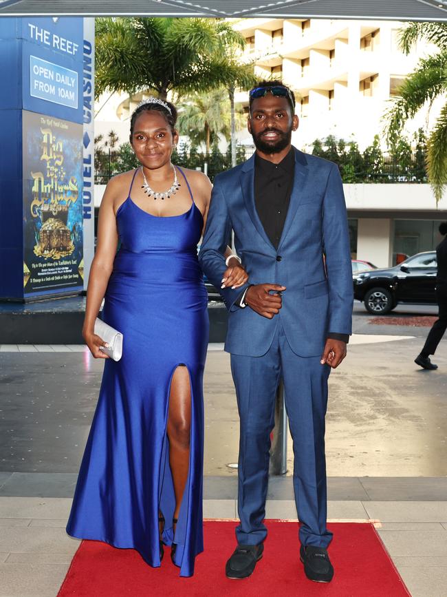 Gladys Day and Johnson Kaigey arrive at the Mount St Bernard College senior formal evening, held at the Pullman Reef Hotel Casino. Picture: Brendan Radke
