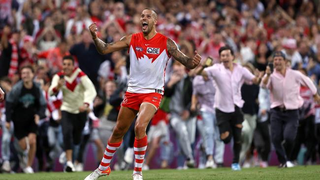 Sydney's Lance Franklin celebrates kicking his 1000th AFL career goal. Picture: Phil Hillyard