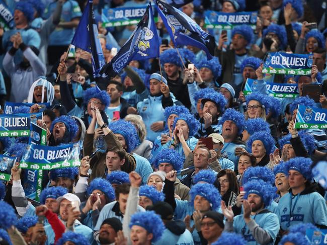 Blues fans during Game 2 of the State of Origin series between the NSW Blues and Queensland Maroons at the ANZ Stadium, Sydney. Picture. Phil Hillyard