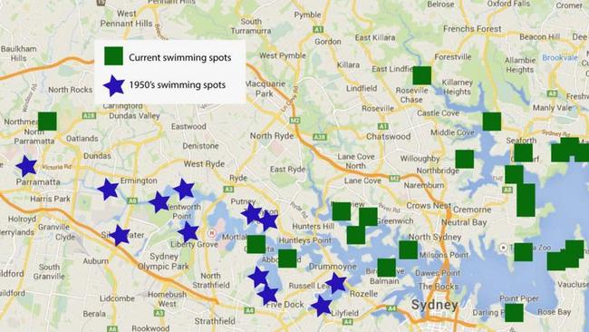 A map comparing current and 1950s swimming spots.