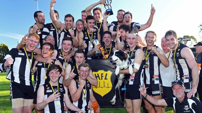 Hahndorf after winning the 2018 Hills Football League division one grand final. The Magpies have taken out three of the past four HFL flags and are undefeated this season. Picture: Tom Huntley