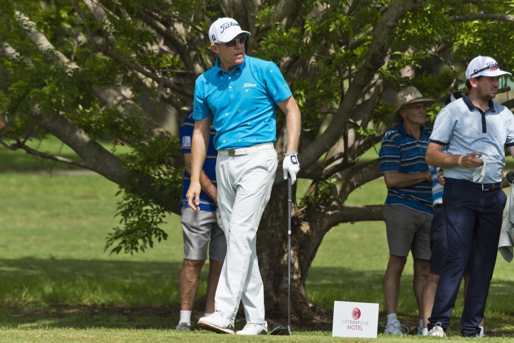 Brad Kennedy reacts after teeing off from the tenth in round three of the Queensland PGA Championship at City Golf Club, Saturday, February 15, 2020. Picture: Kevin Farmer