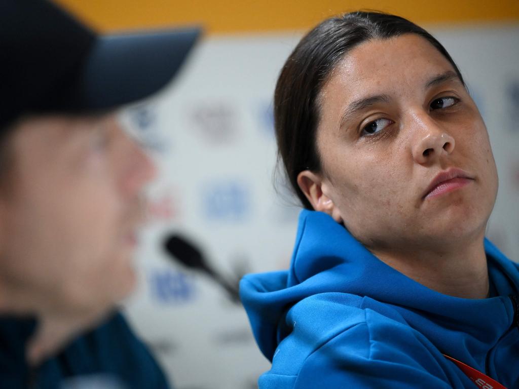 Tony Gustavsson and Sam Kerr address the media on match eve; not lying, but omitting the truth of her calf injury. Picture: Franck Fife/AFP