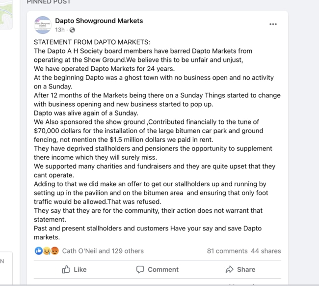 The Facebook post from Dapto Showground Markets posted on Tuesday evening.