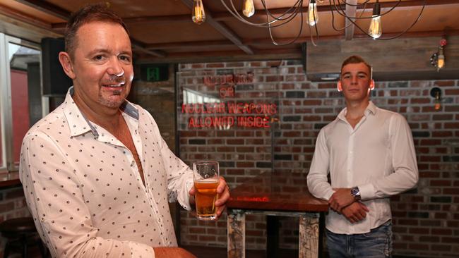 Craig Duffy and his son Kalvin Duffy in the new Tipsy Pig bar in Surfers Paradise. Photo: Tertius Pickard.