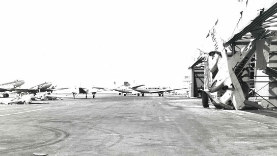 The Connellan aircraft hangars in Darwin Airport after Cyclone Tracy, December 1974. Picture: Neil Dixon