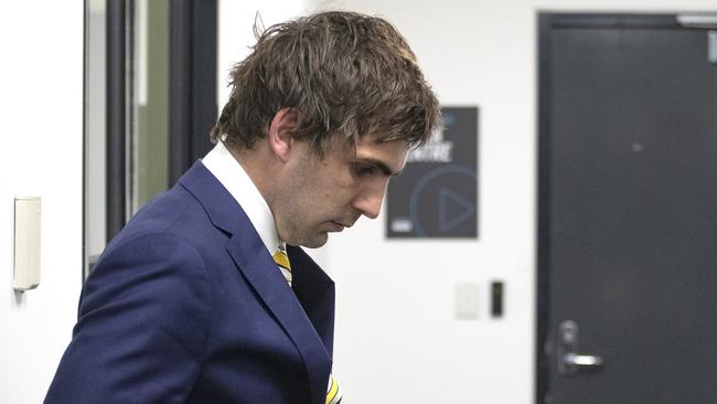 A shattered Andrew Gaff arrives before the AFL tribunal gave him an eight week ban this week. Picture: Luis Ascui/AAP