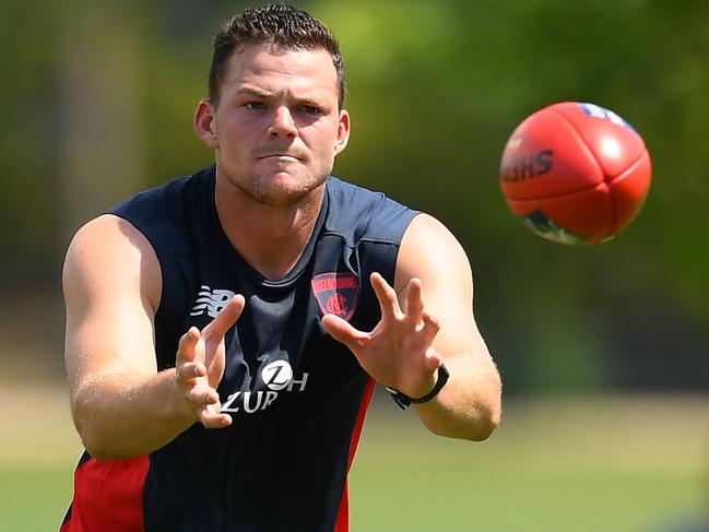 MELBOURNE, AUSTRALIA - NOVEMBER 19: Steven May of the Demons marks during a Melbourne Demons AFL training session at Gosch's Paddock on November 19, 2018 in Melbourne, Australia. (Photo by Quinn Rooney/Getty Images)