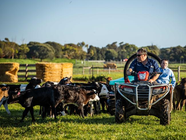 Dairy farmer John Hunt, with his grandson Iziah, 8, on October 6th, at his Allendale East farm.Picture: Tom Huntley