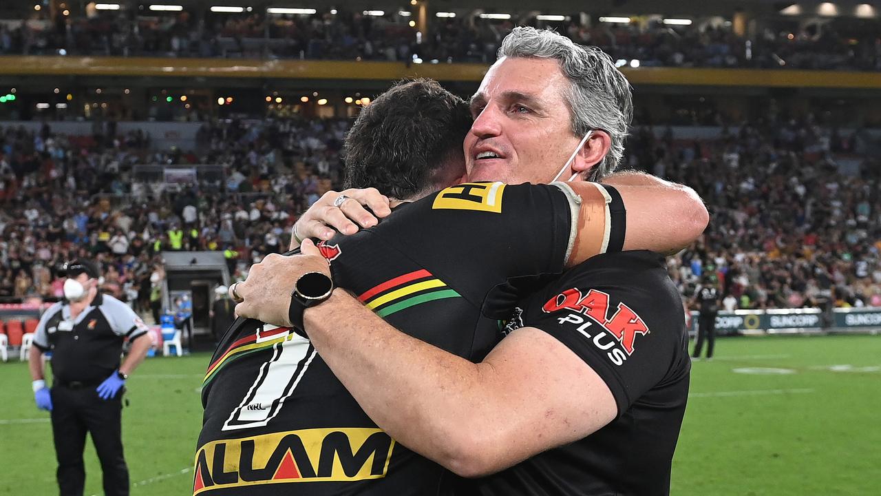 Coach Ivan Cleary (right) and son Nathan Cleary after winning the 2021 NRL grand final (Photo by Bradley Kanaris/Getty Images)