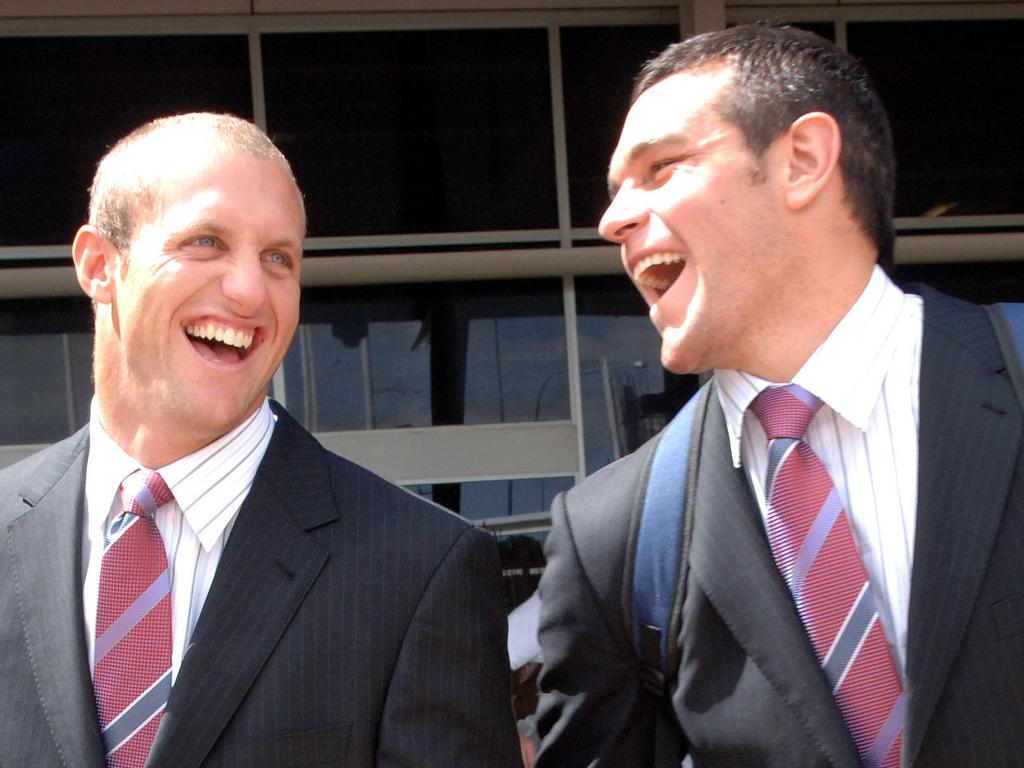 RL Kangaroos arrive home after their win over New Zealand last night ... Winners are grinners, centre Mark Gasnier and forward Jason Ryles ...