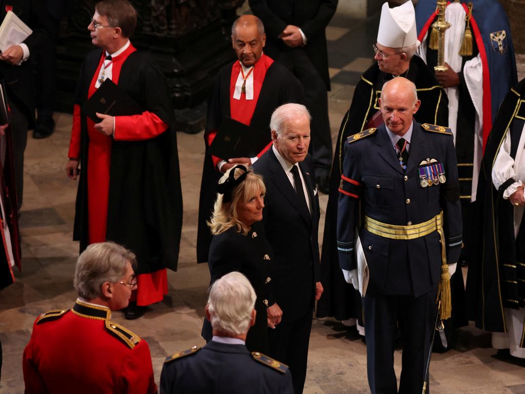 U.S. President Joe Biden and first lady Jill Biden arrive ahead of the State Funeral of Queen Elizabeth II at Westminster Abbey.