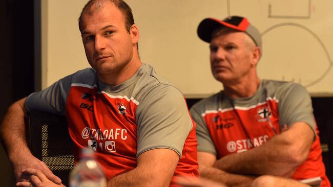 Assistant coach Aaron Hamill and part-time defence coach Danny Frawley at the club’s opposition analysis meeting. Picture: Chris Eastman