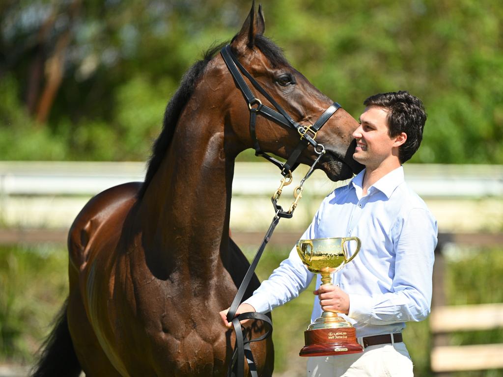Owner Sam Freedman poses with 2023 Melbourne Cup winner Without A Fight. Picture: Vince Caligiuri/Getty Images