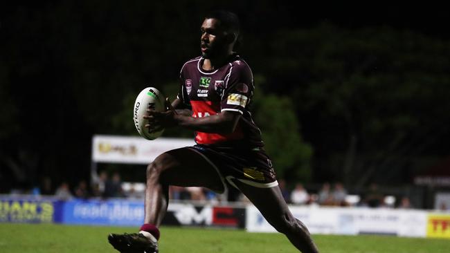 Burleigh Bears player Shallin Fuller puts on a step during a pre-season trial against the Gold Coast Titans at Pizzey Park. February 20, 2021. Photo Jason O'Brien