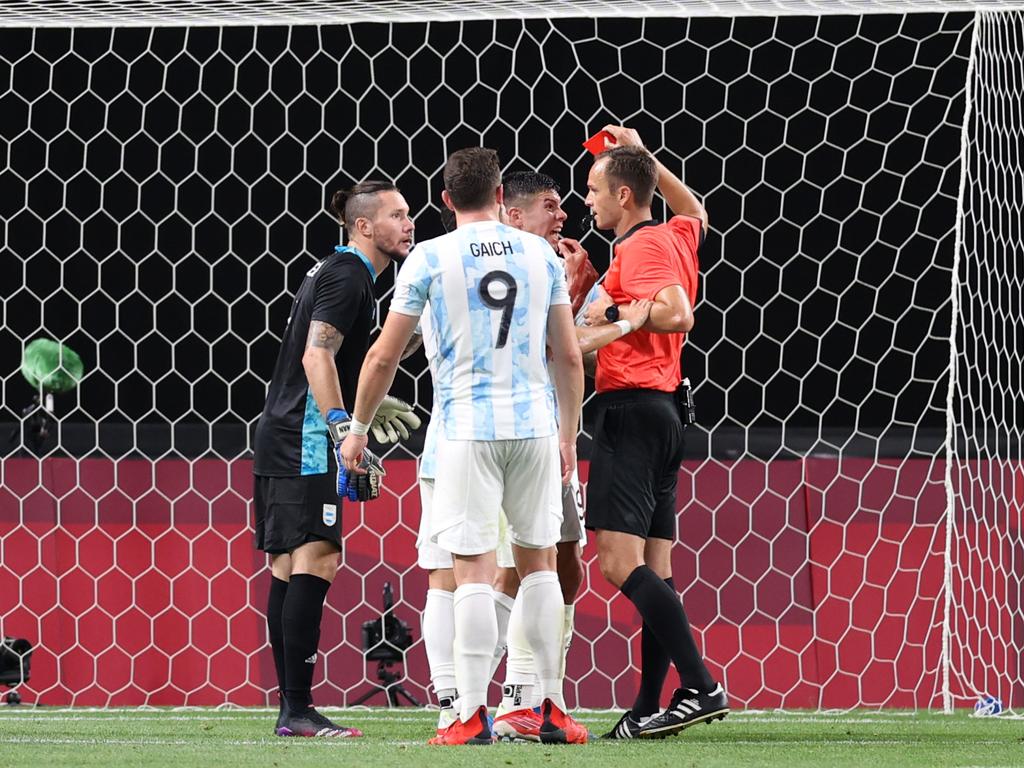 Argentina’s Francisco Ortega is shown a red card in controversial circumstances. Picture: Getty Images