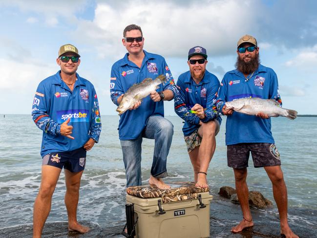 Three of the Million Dollar fish were caught over the weekend with three lucky anglers taking home $35000 for their catches. The three fishos who bagged the coin are Mackay fisho Ryan Curtis (CR) who caught a double tagged barra, giving $5000 to his friend Warren Franklin (L), Jamie Poniris caught a $10,000 fish in Yellow Waters after his girlfriend had called it a night (CL) and Will Riddick who caught a Million Dollar Fish off the Nightcliff Jetty (R).Photograph: Che Chorley