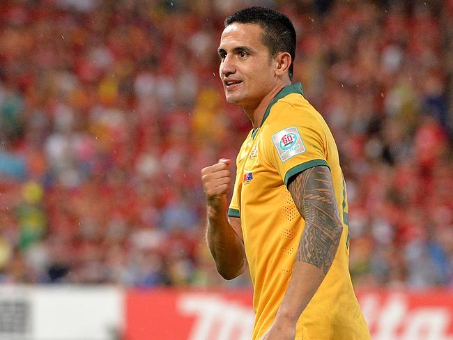 BRISBANE, AUSTRALIA - JANUARY 22: Tim Cahill of Australia celebrates after scoring a goal during the 2015 Asian Cup match between China PR and the Australian Socceroos at Suncorp Stadium on January 22, 2015 in Brisbane, Australia. (Photo by Bradley Kanaris/Getty Images)