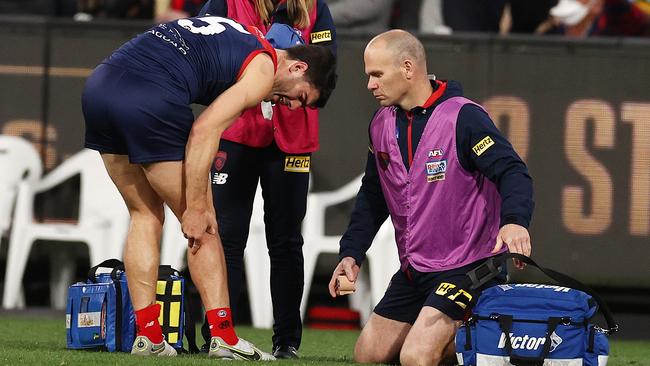 Christian Petracca was a strong performer in Melbourne’s semi-final defeat to Brisbane despite playing with a minor leg fracture. Picture: Michael Klein