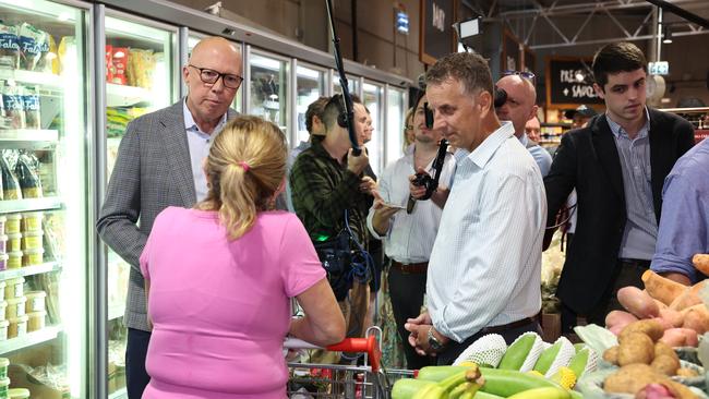 Andrew Constance and Peter Dutton touring a grocery in Nowra on Tuesday. Picture Adam Head/NewsWire
