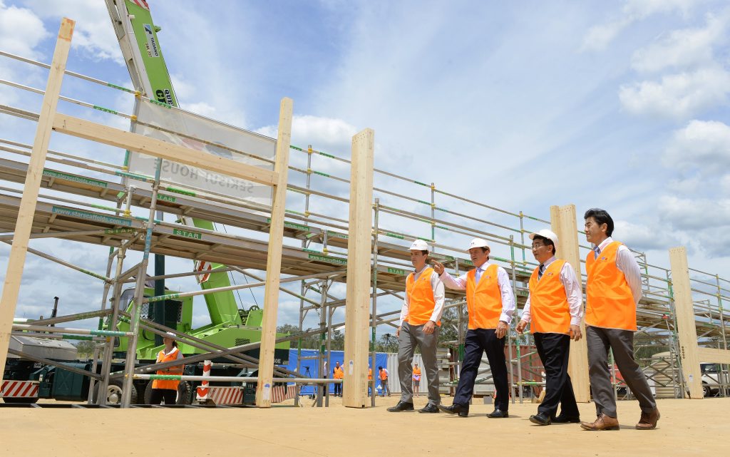 Construction has started on the first bulding in the Ripley Valley growth corridor with the Ecco Ripley Sales and Information Centre frame constructed. Sekisui House Australia Develpment manager Frank Galvin, mayor Paul Pisasale, Sekisui House Construction Australia managing director Kaz Takayanagi and Sekisui House Australia general manager Hide Seguchi inspect the building. . Picture: Rob Williams