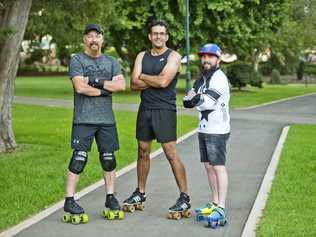 ON A ROLL: Toowoomba skaters (from left) Mick Schoenfisch, Jason Finlay and Ricky Moss will line up for the Australian Roller Derby team at the World Roller Games in Barcelona, Spain later this year. The trio will be joined by fellow Garden City locals Dan Lindenberg and Col Dennis. Picture: Nev Madsen