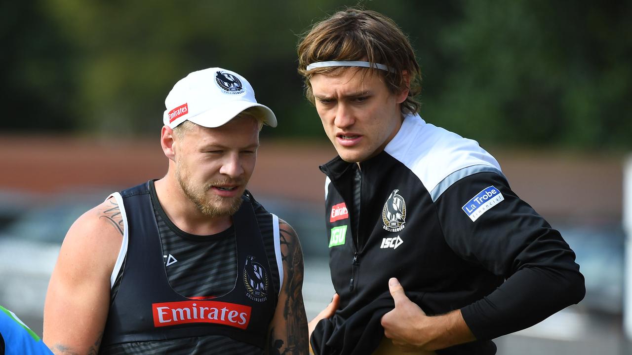 Collingwood stars Jordan De Goey and Darcy Moore are both out of contract at the end of this year. (AAP Image/James Ross)