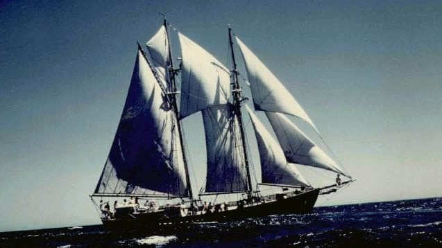 Luxury schooner Patanela under full sail prior to her disappearance off Sydney Heads in 1988 with four crew aboard.