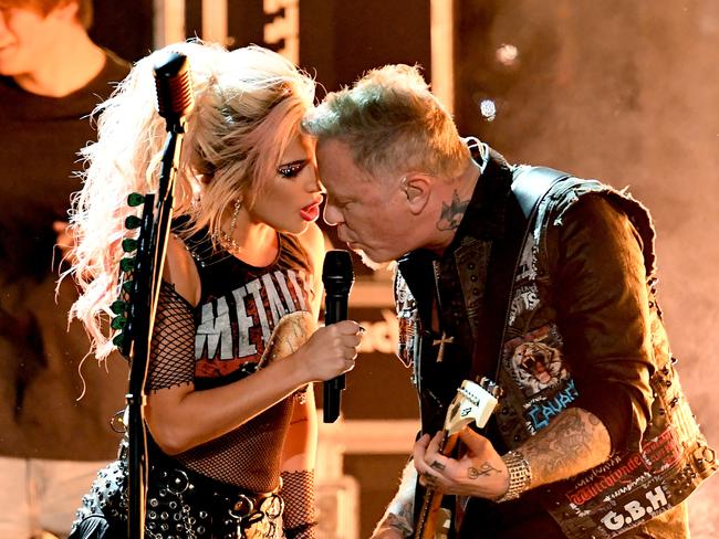 Hetfield was forced to share a mic with Lady Gaga to perform the song. Picture: Kevin Winter/Getty Images for NARAS