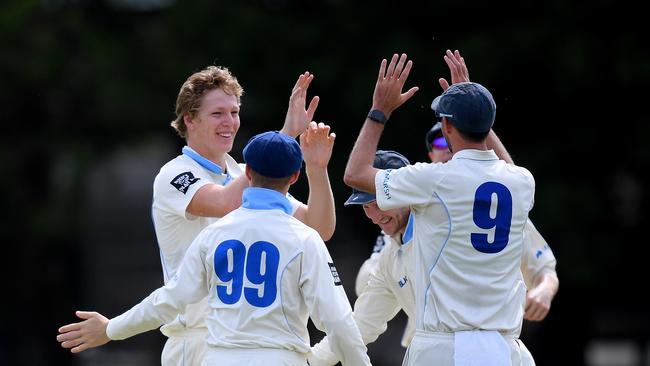 Jack Edwards (left) celebrates with teammates after taking the wicket of Harry Nielsen of the Redbacks in the Sheffield Shield earlier this year.