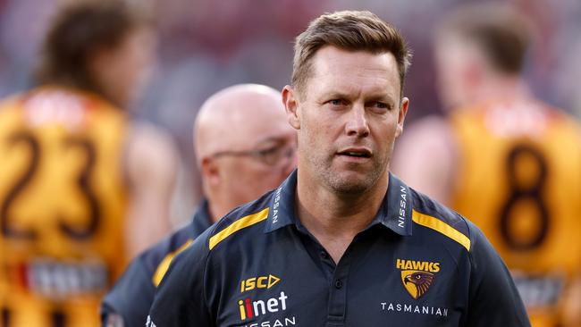 MELBOURNE, AUSTRALIA - MARCH 23: Sam Mitchell, Senior Coach of the Hawks looks on during the 2024 AFL Round 02 match between the Hawthorn Hawks and the Melbourne Demons at the Melbourne Cricket Ground on March 23, 2024 in Melbourne, Australia. (Photo by Michael Willson/AFL Photos via Getty Images)