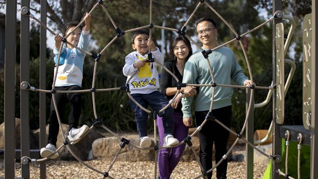 Shan Lu and her husband Pen Wei with their two children Abigail 6, and Harvey 4 love living in Point Cook for the diversity. Picture: Arsineh Houspian