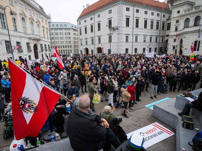 Anti-vaccination activists protest at the Ballhausplatz in Vienna, Austria. Picture: AFP