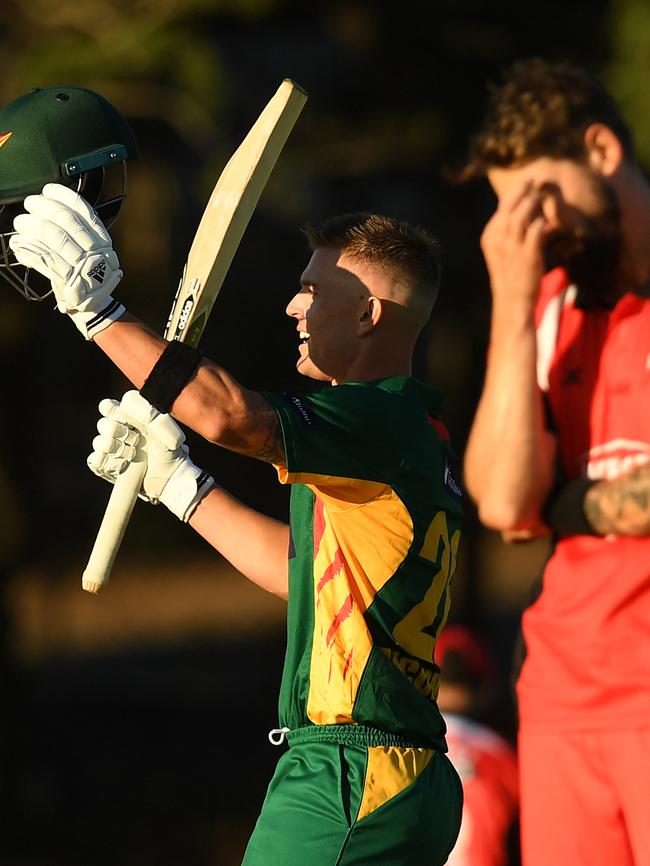 Ben McDermott of Tasmania celebrates his century. Picture: AAP Image/Dean Lewins