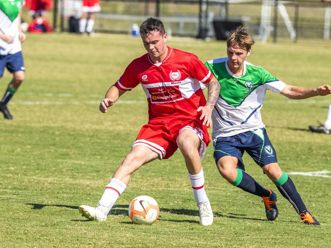 Palm Beach Currumbin Declan Smith leads for the ball against Helensvale State High School in the Queensland Schools Premier League soccer sem-finals at Logan, Thursday, August 13, 2020 - Picture: Richard Walker