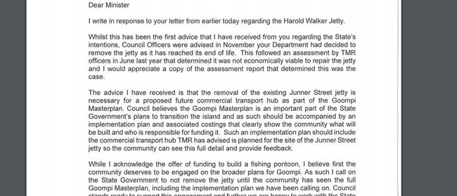 An excerpt from Mayor Karen Williams’ reply letter to Transport Minister Mark Bailey.