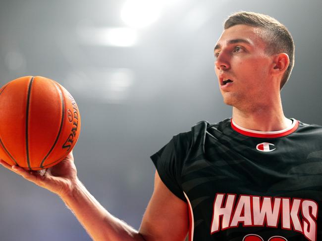 WOLLONGONG, AUSTRALIA - JANUARY 11: Mason Peatling of the Hawks watches on during the warm -up ahead of the round 16 NBL match between Illawarra Hawks and New Zealand Breakers at WIN Entertainment Centre, on January 11, 2025, in Wollongong, Australia. (Photo by Mark Kolbe Photography/Getty Images)