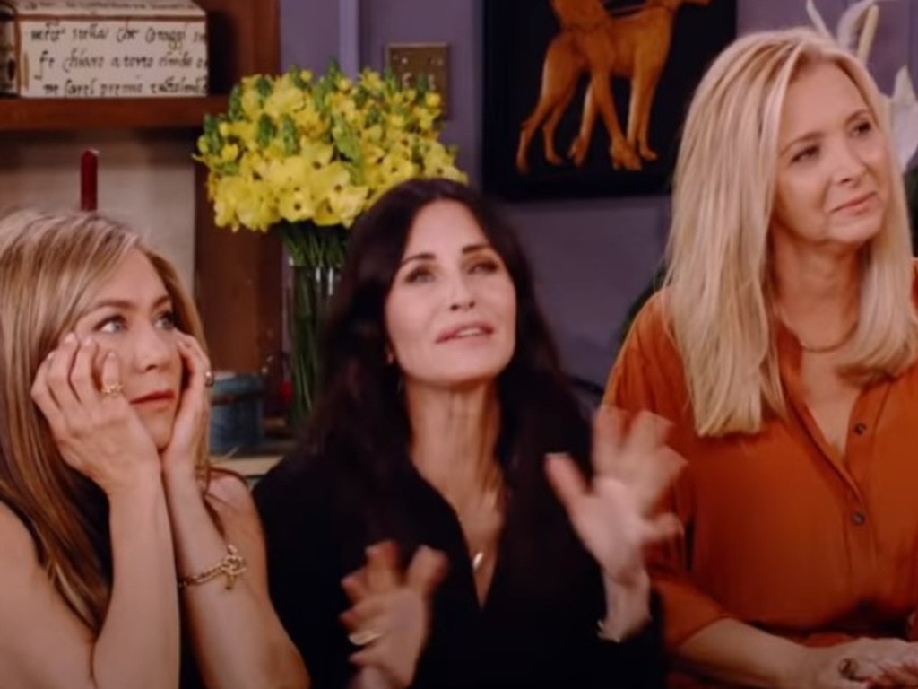 Jennifer Aniston (Rachel), Courteney Cox (Monica) and Lisa Kudrow (Phoebe). Picture: HBO Max/Youtube