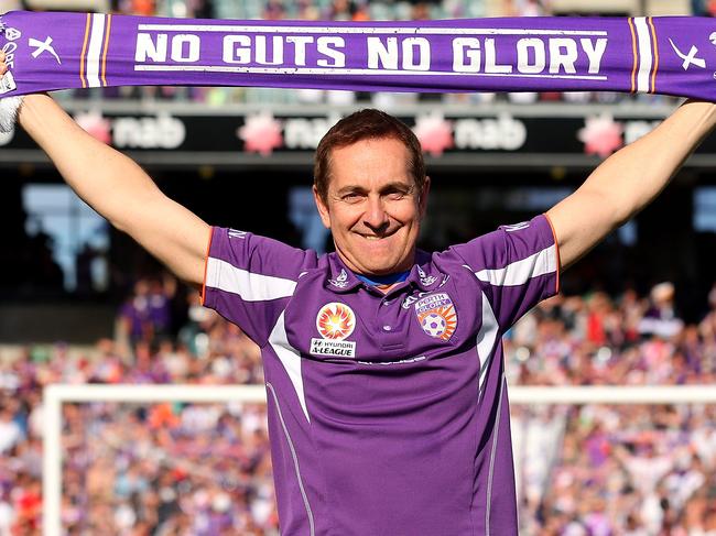 PERTH, AUSTRALIA - OCTOBER 07: Glory owner Tony Sage celebrates winning the round one A-League match between the Perth Glory and the Brisbane Roar at Patersons Stadium on October 7, 2012 in Perth, Australia. (Photo by Paul Kane/Getty Images)