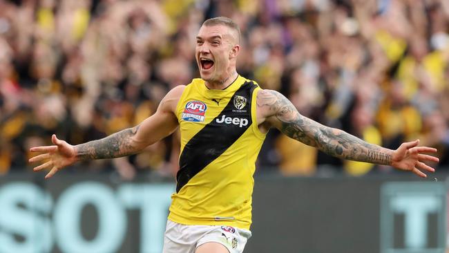 Dustin Martin celebrates Richmond’s premiership win on the final siren. Picture: Alex Coppel