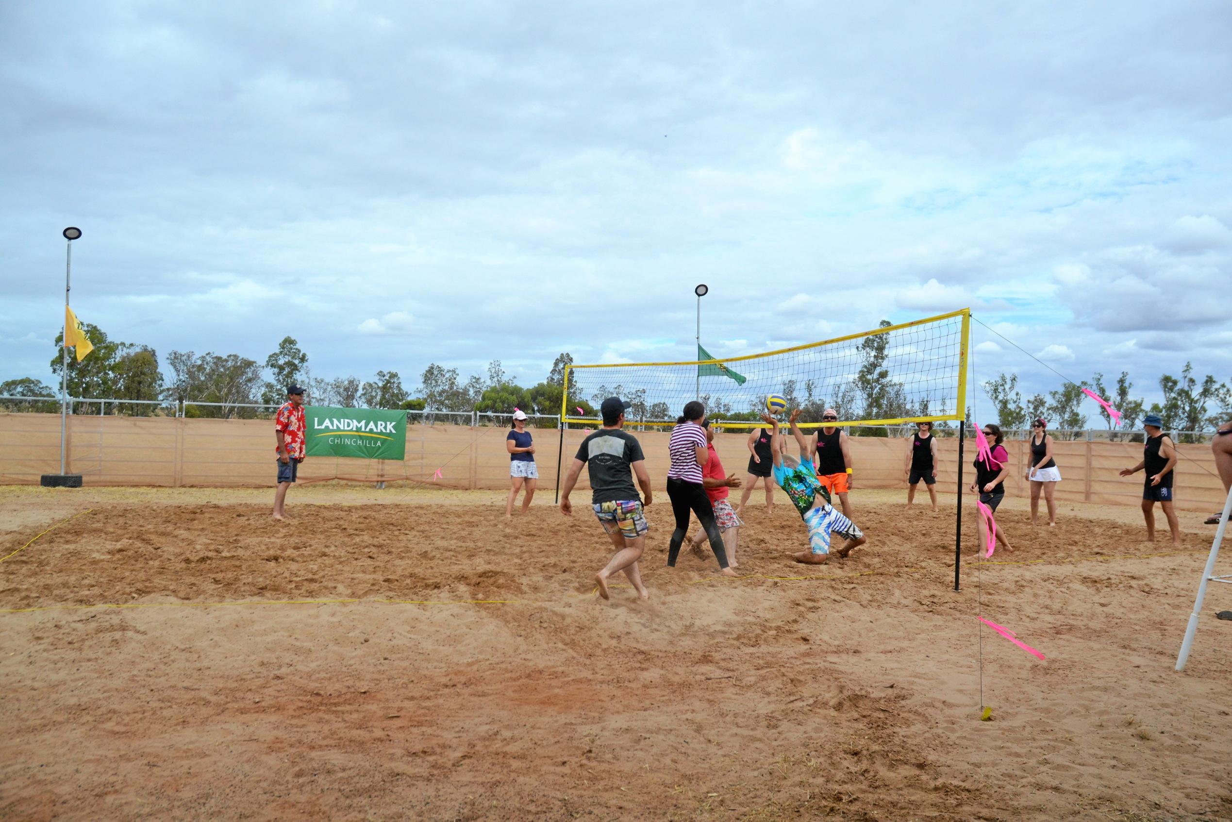 The save of the day at the Dulacca Sports Club annual Bush Beach Volleyball tournament. Picture: Kate McCormack