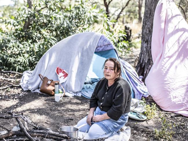 Mother of two, Crystal Kenzie, 42 years old, is homeless, she's been on a housing waiting list for 3 years. Through sheer desperation she's been surviving by living in a tent on Crown land in Warrane. Picture Eddie Safarik.