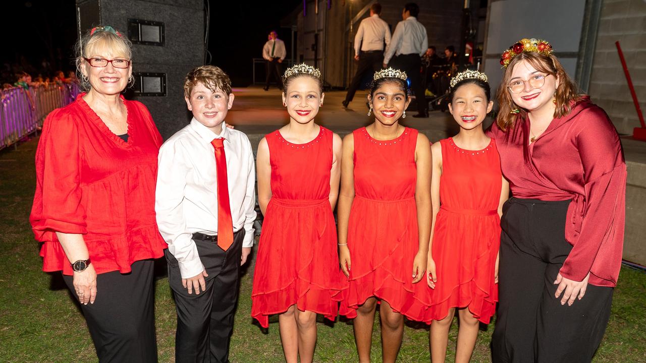 Susie Fredline, Henry Miller, Harriet Wheaton, Aanya Bhat, Helina Wong and Megan Beckinsale at Carols in the Gardens, Mackay Regional Botanic Gardens, Saturday 2 December 2023 Picture:Michaela Harlow