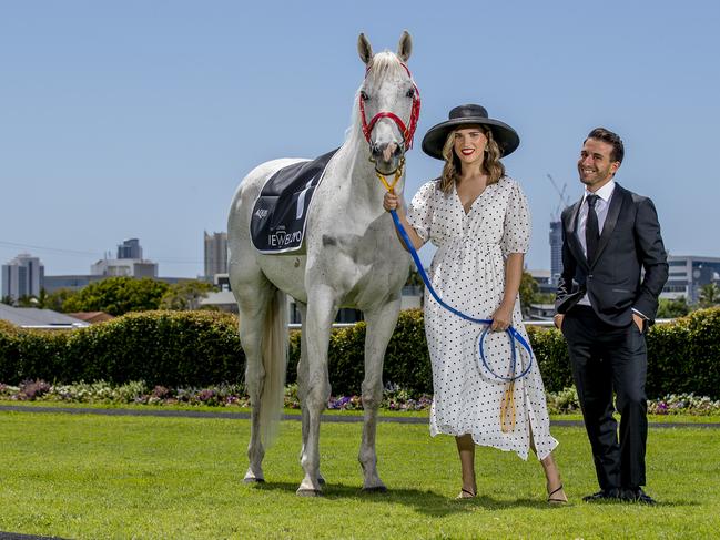 Sally Mallyon and Frank Paino with Smokey ahead of Derby Day at the Gold Coast Turf Club.  Picture: Jerad Williams