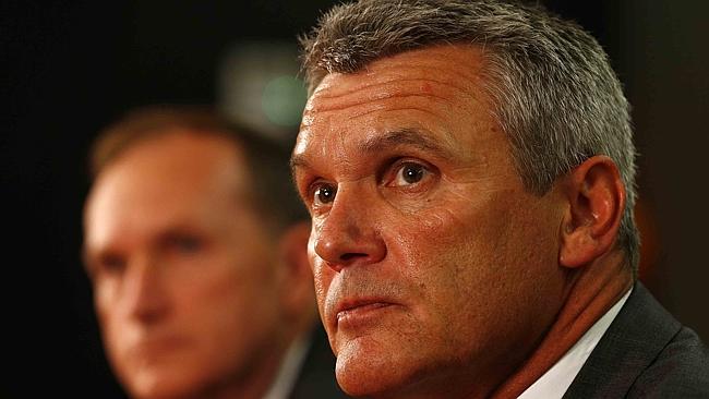 St Kilda chief executive Michael Nettlefold and president Peter Summers front the media following Scott Watters' sacking. Picture: Michael Klein