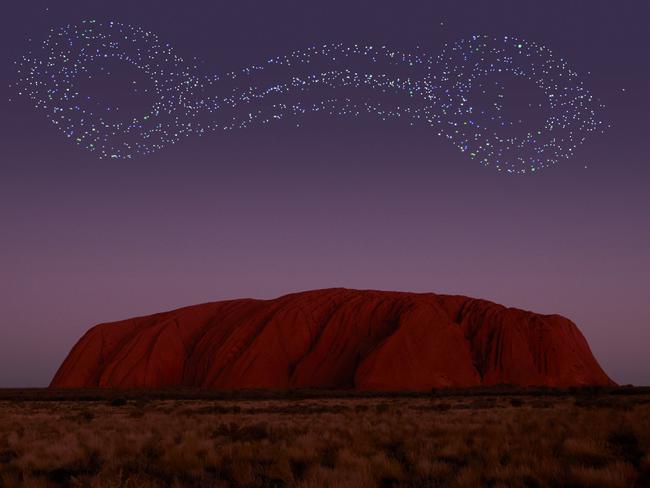 Wintjiri Wiru Image portal: https://voyages.mediavalet.com/portals/wintjiri-wiru-media CREDIT: Photo by Getty Images for Voyages Indigenous Tourism Australia. Acknowledgement - Anangu share the Mala story, from Kaltukatjara to Uluru, through a drone, sound and light show designed and produced by RAMUS.ESCAPE 23 July 2023DESTINATION ULURU DRONE SHOWESCAPE USE ONLYPRINT USE ONLY