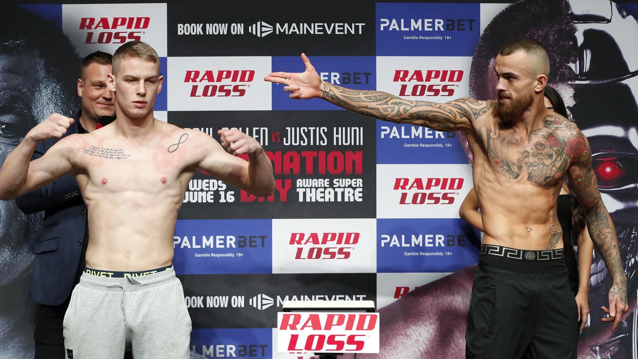 Boxers Andrei Mikhailovich and Alex Hanan weigh in ahead of their undercard bout. Picture: Toby Zerna