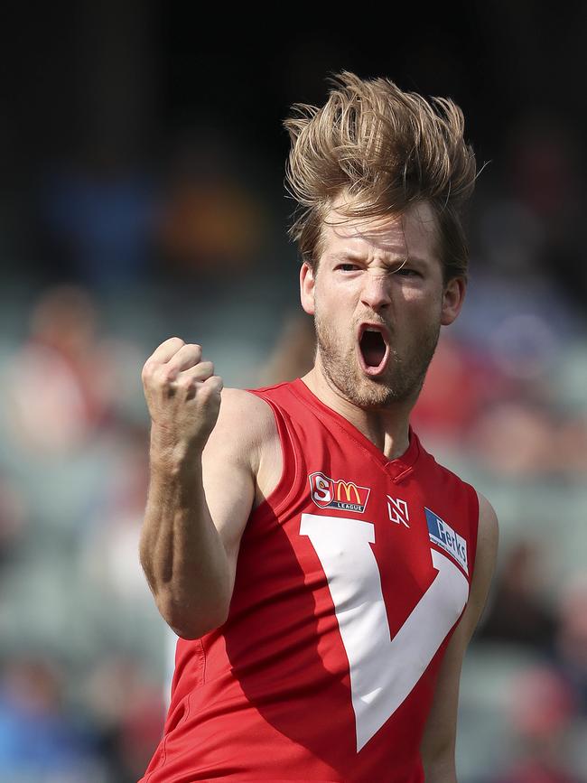 Lewis Hender had a hair-raising performance, booting five goals for the Roosters. Picture: Sarah Reed