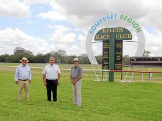 Kilcoy Race Club president Con Searle, Somerset Mayor Graeme Lehmann and Kilcoy Race Club vice-president Ian McCauley near the new Kilcoy Racecourse finish post.