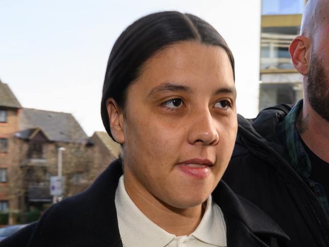 KINGSTON UPON THAMES, ENGLAND - FEBRUARY 05: Australian footballer Sam Kerr arrives at Kingston-Upon-Thames Crown Court on February 05, 2025 in Kingston upon Thames, England. The Matildas star, who also plays professionally for Chelsea in the Women's Super League, is facing charges of "racially aggravated harassment" of a police officer related to an incident in Twickenham on January 30, 2023. (Photo by Leon Neal/Getty Images)